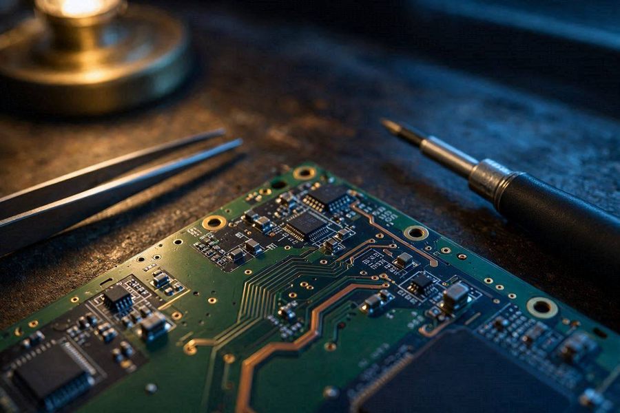 Macro view of a circuit board on a dark workbench with tweezers and a precision screwdriver under warm lamp light
