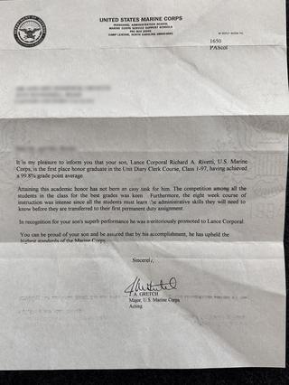 Letter from the United States Marine Corps naming Rick first place honor graduate, parents' details blurred